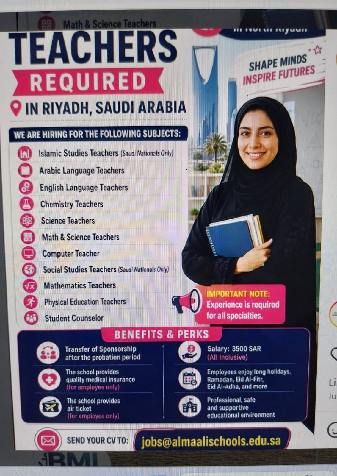 Teachers Required for Saudi Arabia